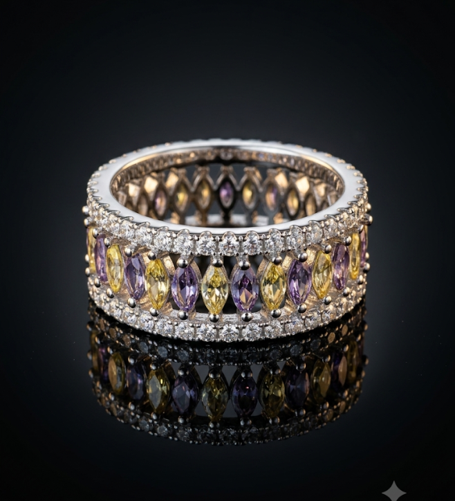 Multi-Color Dark Yello and Purple Marquise Stone Band 925 Sterling Silver Ring