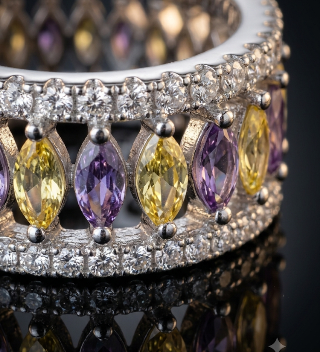 Multi-Color Dark Yello and Purple Marquise Stone Band 925 Sterling Silver Ring