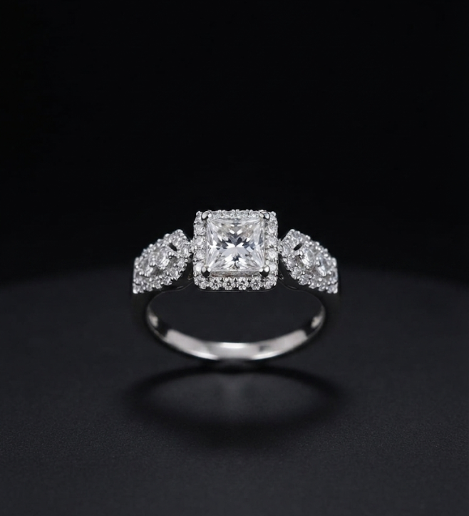 Princess Cut Halo Engagement Ring in 925 Sterling Silver