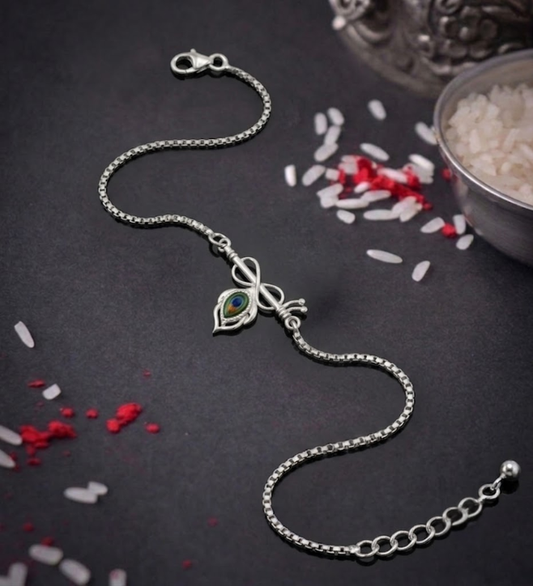 925 Sterling Silver Flute & Peacock Rakhi Bracelet for Brother