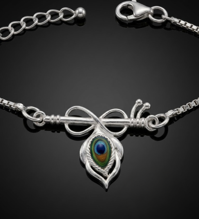 925 Sterling Silver Flute & Peacock Rakhi Bracelet for Brother