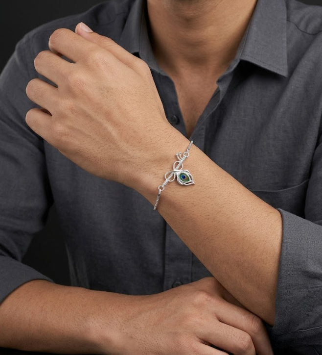 925 Sterling Silver Flute & Peacock Rakhi Bracelet for Brother