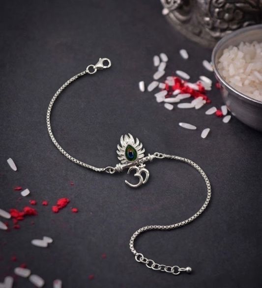 925 Sterling Silver Om Krishna Flute Rakhi Bracelet for Brother