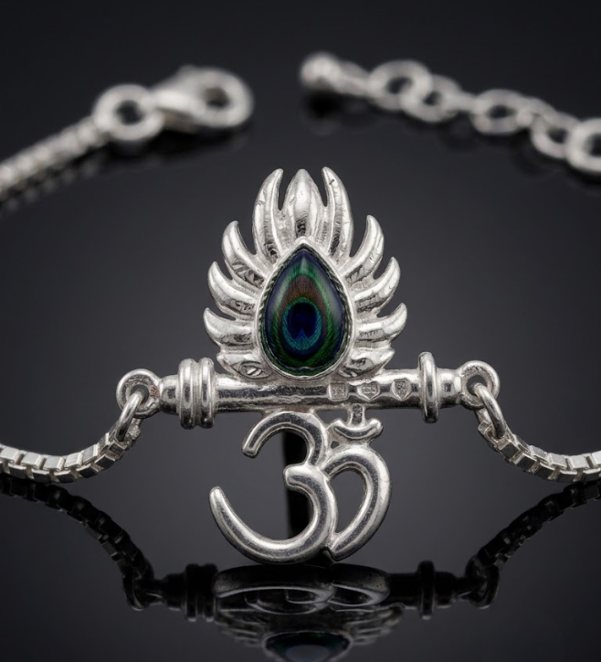 925 Sterling Silver Om Krishna Flute Rakhi Bracelet for Brother
