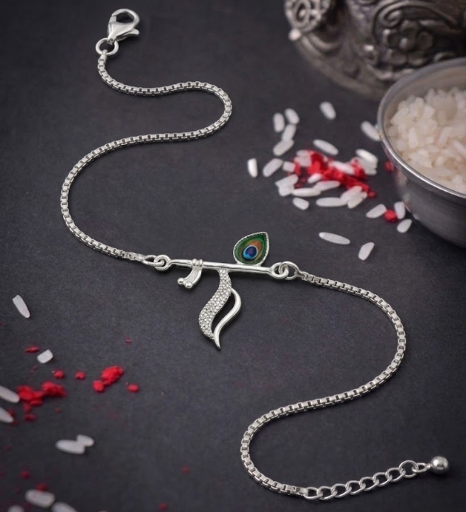 925 Sterling Silver Krishna Flute Rakhi Bracelet for Brother