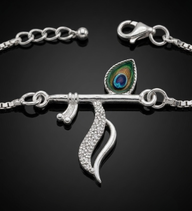 925 Sterling Silver Krishna Flute Rakhi Bracelet for Brother