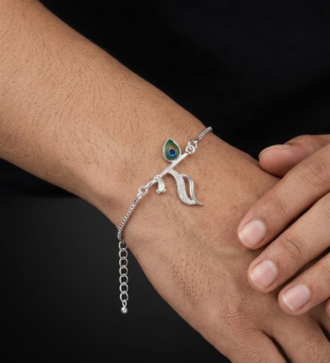 925 Sterling Silver Krishna Flute Rakhi Bracelet for Brother