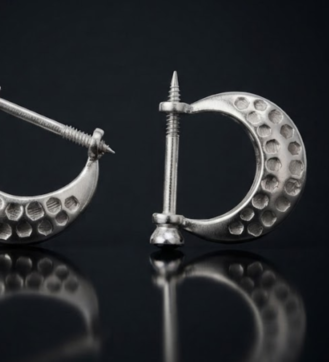 925 Sterling Silver Black Gemstone Screw-Pin Bali Earrings