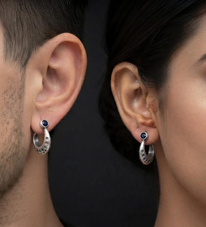 925 Sterling Silver Black Gemstone Screw-Pin Bali Earrings