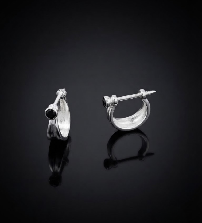 Sterling Silver Industrial Screw Huggie Hoop Earrings with Black Onyx