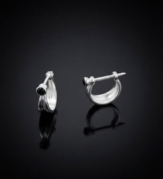 Sterling Silver Industrial Screw Huggie Hoop Earrings with Black Onyx