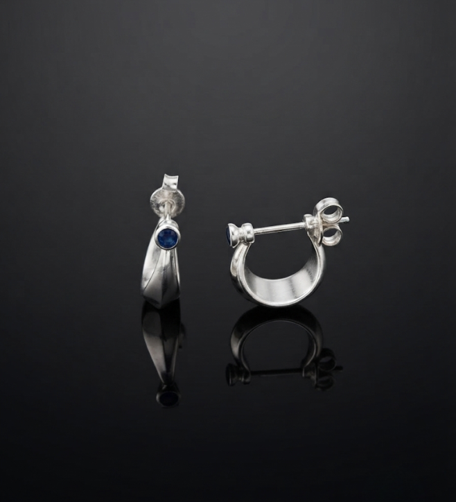 925 Sterling Silver Blue Gemstone Bezel C-Hoop Stud Earrings
