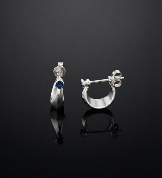 925 Sterling Silver Blue Gemstone Bezel C-Hoop Stud Earrings
