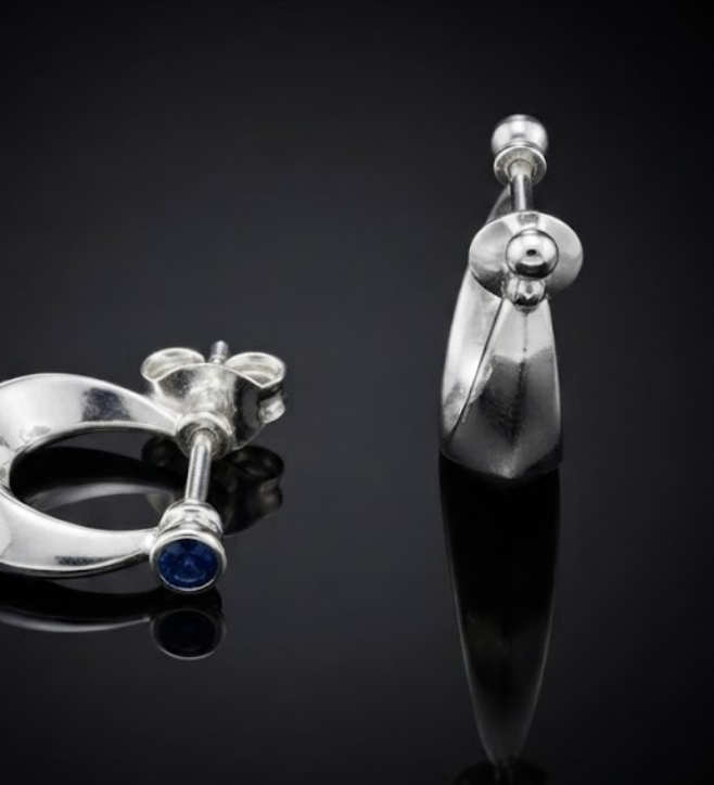925 Sterling Silver Blue Gemstone Bezel C-Hoop Stud Earrings
