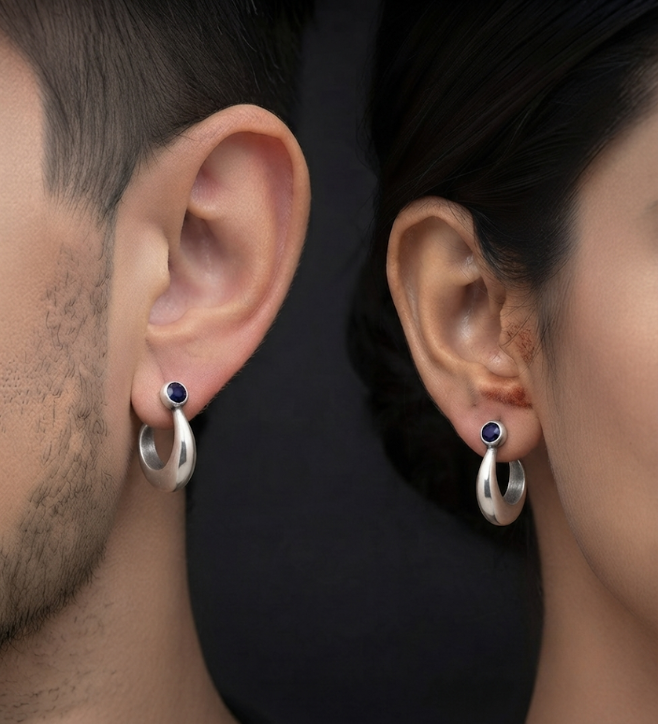 925 Sterling Silver Blue Gemstone Bezel C-Hoop Stud Earrings